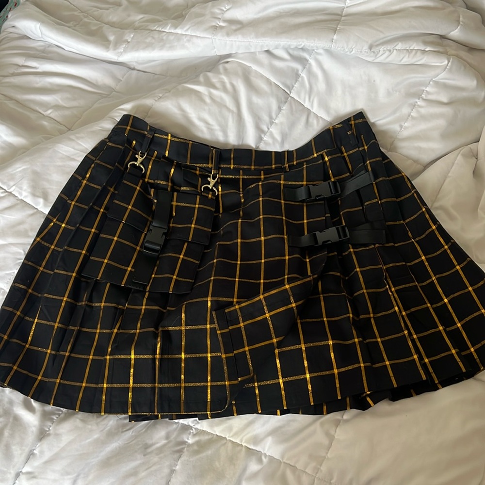 DollsKill Black Gold Checkered Pleated Skirt Wrap Harness